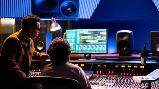 Music Producer & Engineer Working at a Soundboard in a Recording Studio