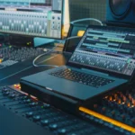 Modern Record Studio Desk with a Laptop Running a Digital Audio Workstation Software